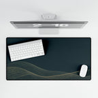 Printify preview: overhead view of Teal Interference, 31.5 × 15.5 inches, with keyboard and mouse.