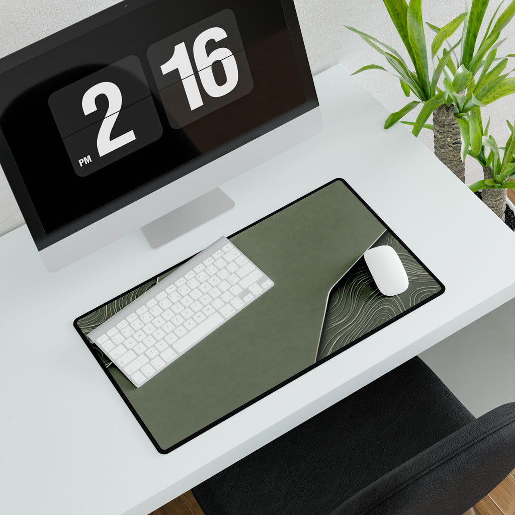Printify preview: Sage Cutaway, 23.6 × 13.8 inches, with keyboard and mouse on a white desk, viewed at an angle.