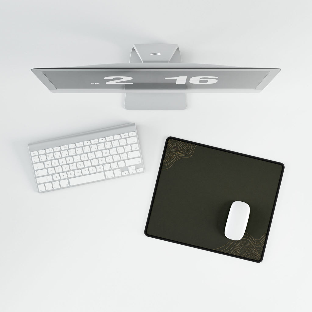 Printify preview: Minimal Olive Gold, 14.4 × 12.1 inches, overhead desk view with keyboard and mouse.