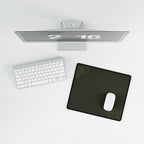 Printify preview: Minimal Olive Gold, 14.4 × 12.1 inches, overhead desk view with keyboard and mouse.