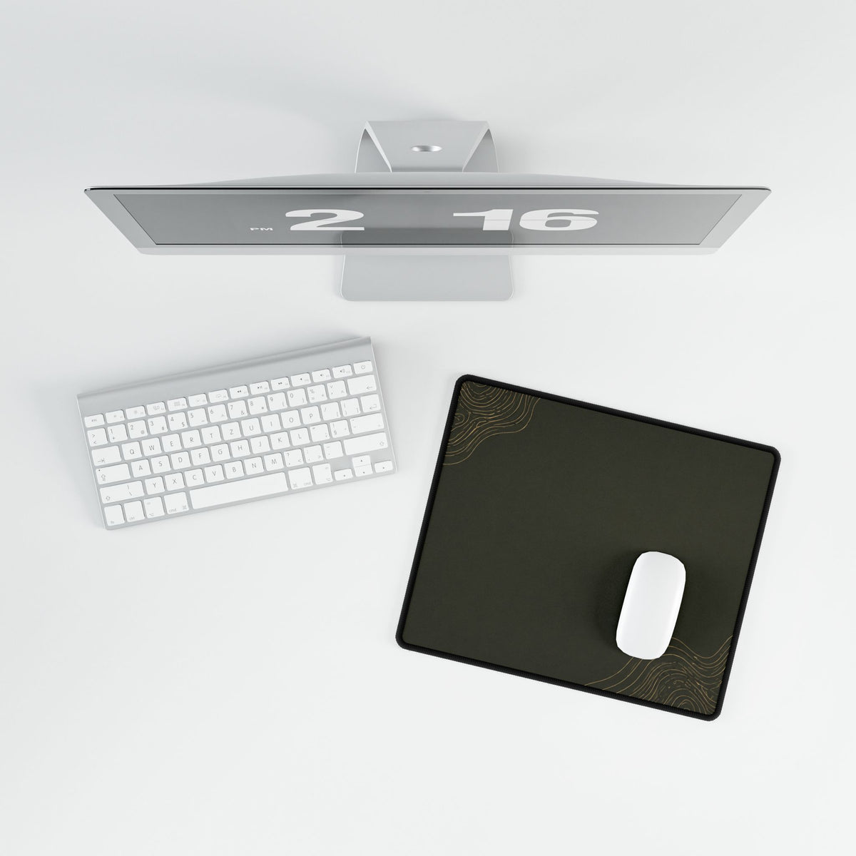Printify preview: Minimal Olive Gold, 14.4 × 12.1 inches, overhead desk view with keyboard and mouse.