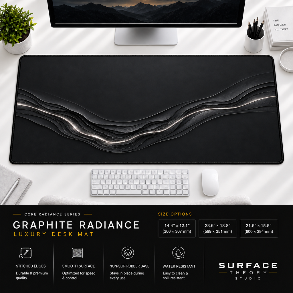 Graphite Radiance desk mat beneath a monitor on a bright desk with a white keyboard and mouse.
