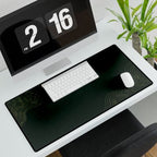 Printify preview: Minimal Forest desk mat, 31.5 × 15.5 inches, with a keyboard and mouse on a white desk, viewed at an angle.