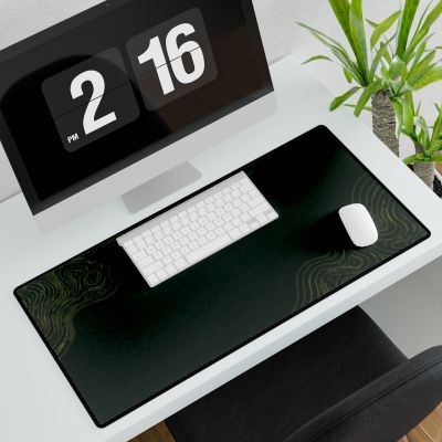 Printify preview: Minimal Forest desk mat, 31.5 × 15.5 inches, with a keyboard and mouse on a white desk, viewed at an angle.