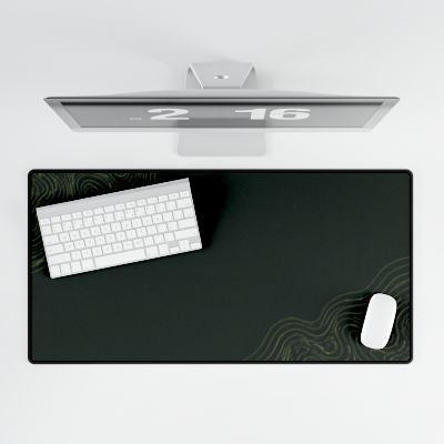 Printify preview: Minimal Forest desk mat, 31.5 × 15.5 inches, shown from above with a keyboard and mouse on a white desk.