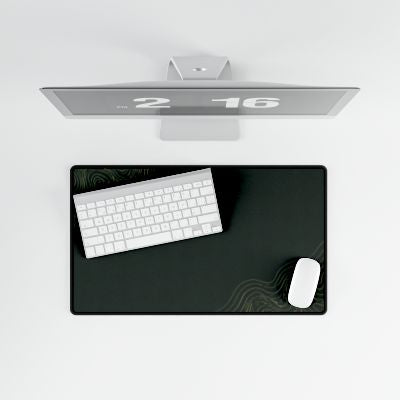 Printify preview: Minimal Forest desk mat, 23.6 × 13.8 inches, shown from above with a keyboard and mouse on a white desk.