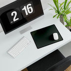 Printify preview: Minimal Forest desk mat, 14.4 × 12.1 inches, shown at an angle with a mouse beside a keyboard on a white desk.