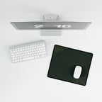Printify preview: Minimal Forest desk mat, 14.4 × 12.1 inches, shown from above with a mouse beside a keyboard on a white desk.