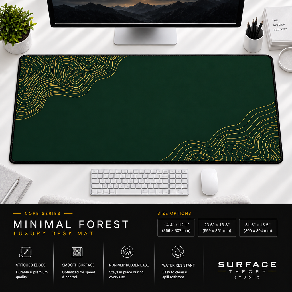 Minimal Forest extended desk mat on a bright desk