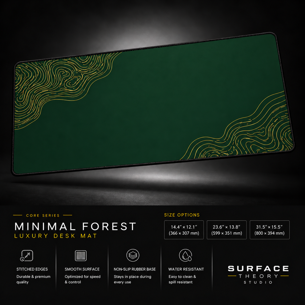 Minimal Forest desk mat floating in a dark studio