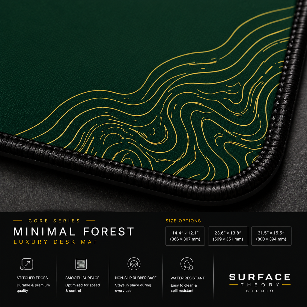 Minimal Forest fabric print and black stitched edge close-up