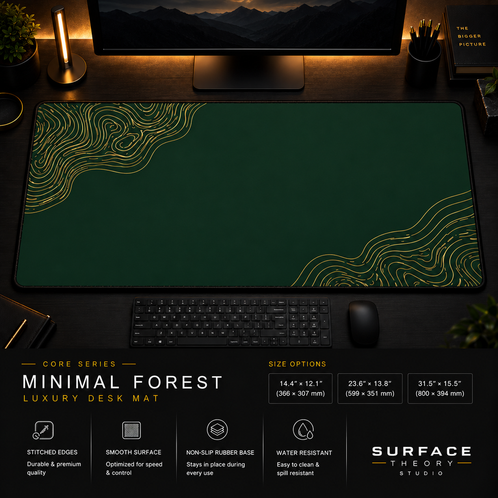 Minimal Forest extended desk mat on a warm wood desk