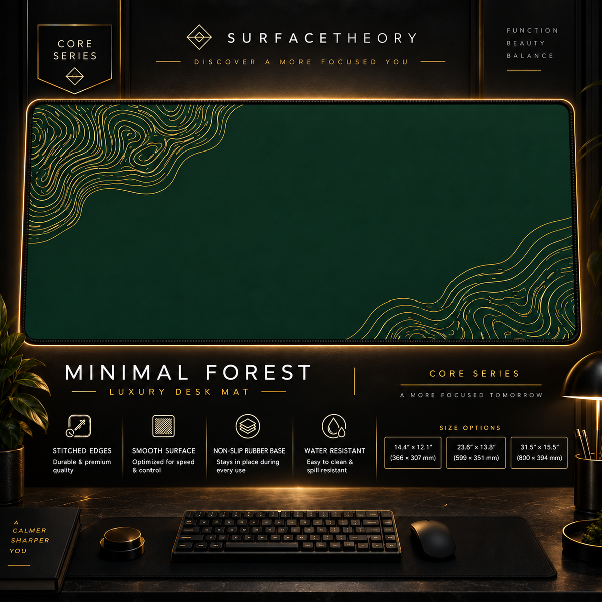 Minimal Forest desk mat in a framed showcase