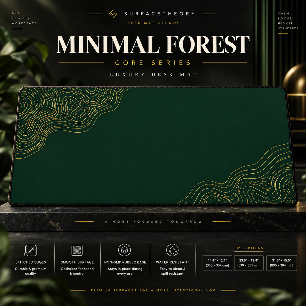 Minimal Forest desk mat on a display pedestal